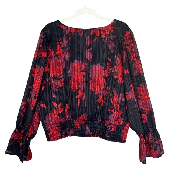 Lane Bryant Floral Metallic Threading Top Black Red Smocked Waist V-Neck NWT - Picture 8 of 13